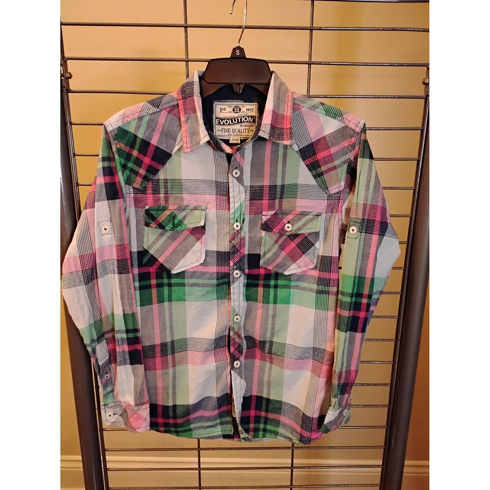Evolution In Design Boys Large 14-16 Plaid Western Button Down Shirt Multicolor